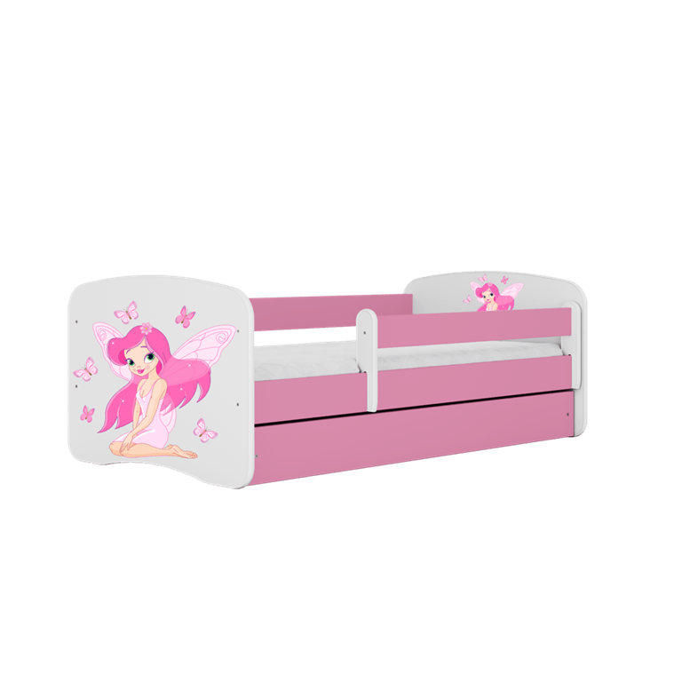 Kocot Kids 140 x 70 cm Pat din pal, cu 1 sertar, pentru copii, Fairy With Butterflies III Roz / Alb