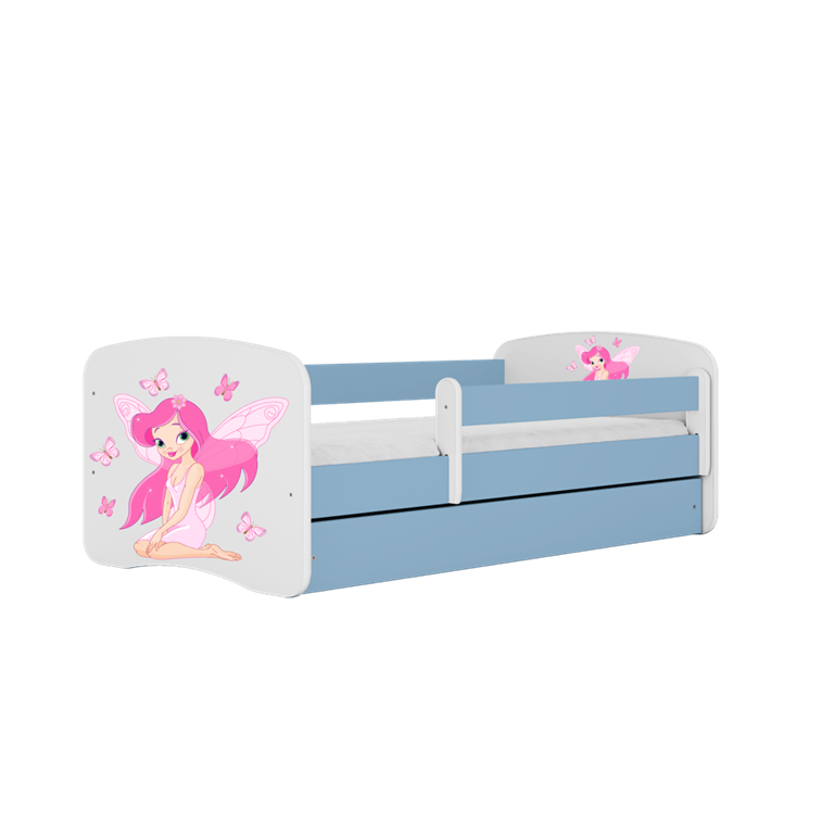 Kocot Kids 140 x 70 cm Pat din pal, cu 1 sertar, pentru copii, Fairy With Butterflies IV Albastru / Alb