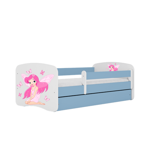 Kocot Kids 140 x 70 cm Pat din pal, cu 1 sertar, pentru copii, Fairy With Butterflies IV Albastru / Alb