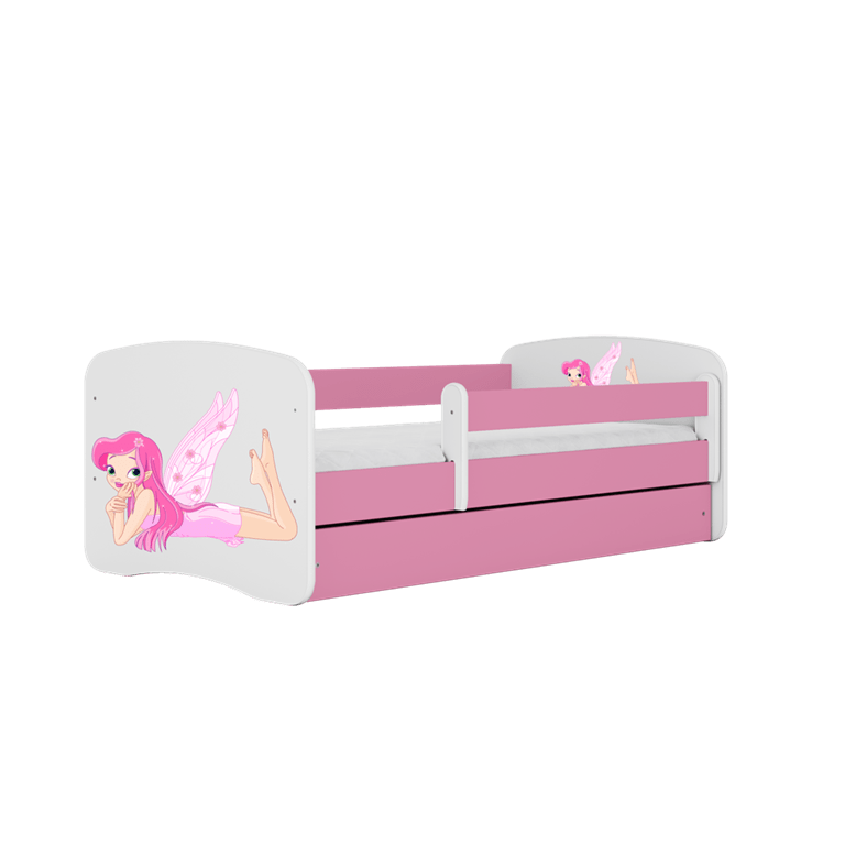 Kocot Kids 140 x 70 cm Pat din pal, cu 1 sertar, pentru copii, Fairy With Wings III Roz / Alb