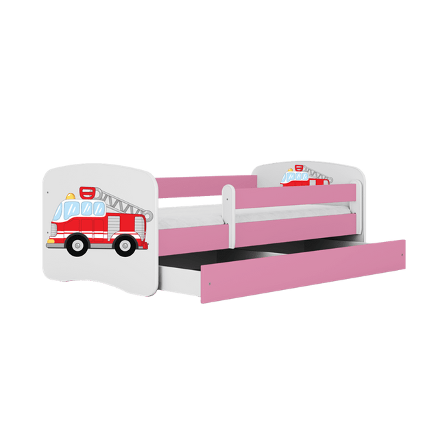Kocot Kids Pat din pal, cu 1 sertar, pentru copii, Fire Brigade III Roz / Alb