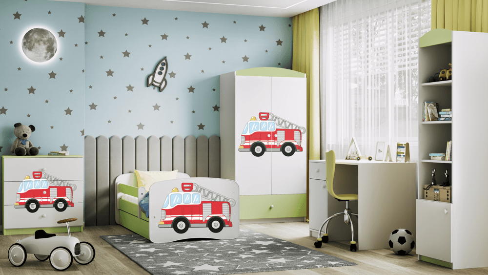 Kocot Kids Pat din pal, cu 1 sertar, pentru copii, Fire Brigade IV Verde / Alb