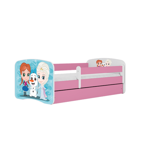 Kocot Kids 140 x 70 cm Pat din pal, cu 1 sertar, pentru copii, Frozen Land III Roz / Alb