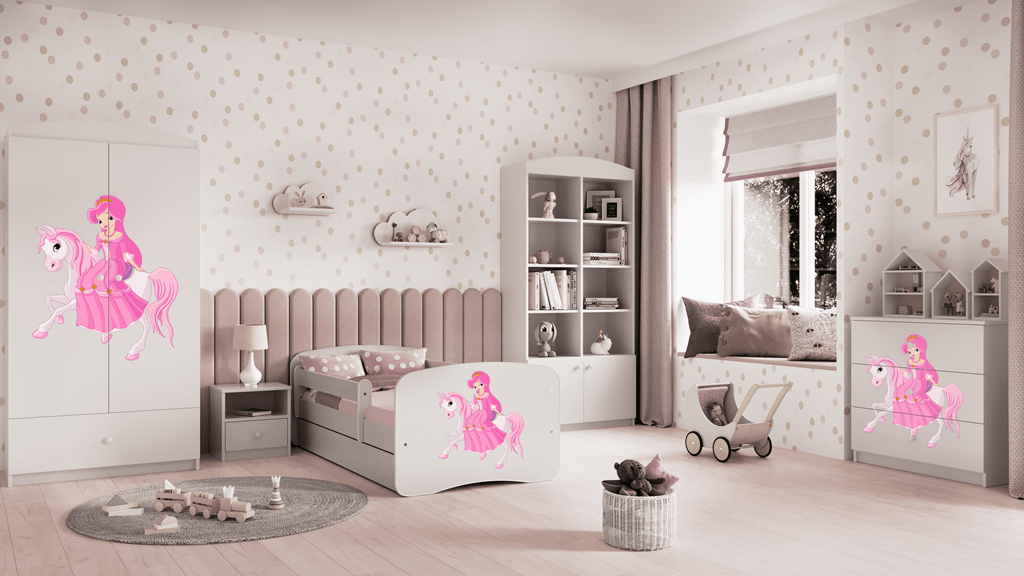 Kocot Kids 140 x 70 cm Pat din pal, cu 1 sertar, pentru copii, Princess On Horse III Alb