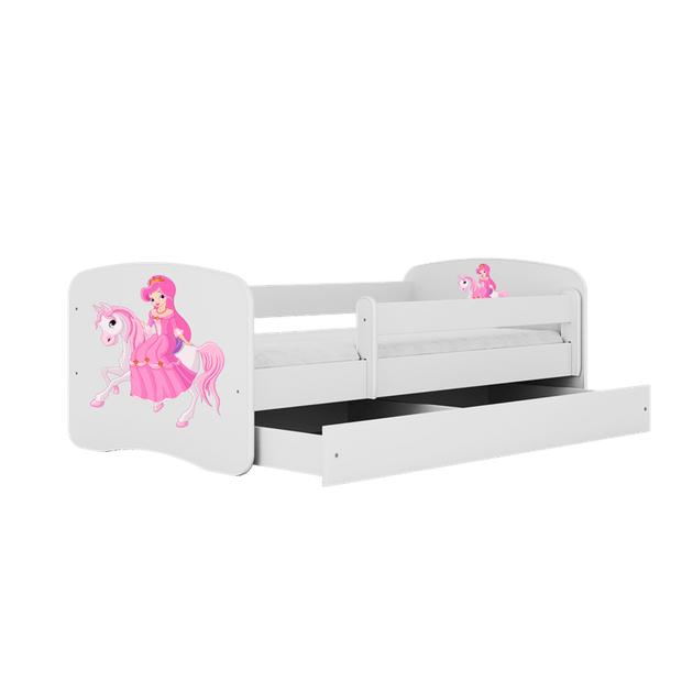 Kocot Kids Pat din pal, cu 1 sertar, pentru copii, Princess On Horse III Alb