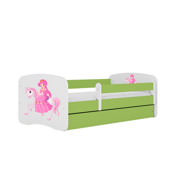 Kocot Kids 140 x 70 cm Pat din pal, cu 1 sertar, pentru copii, Princess On Horse IV Verde / Alb