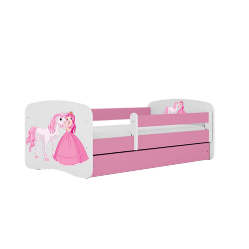 Kocot Kids 140 x 70 cm Pat din pal, cu 1 sertar, pentru copii, Princess With Horse IV Roz / Alb