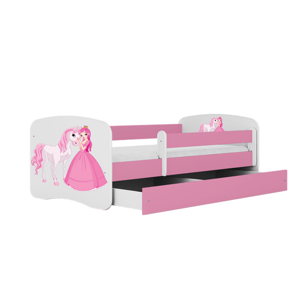 Kocot Kids Pat din pal, cu 1 sertar, pentru copii, Princess With Horse IV Roz / Alb
