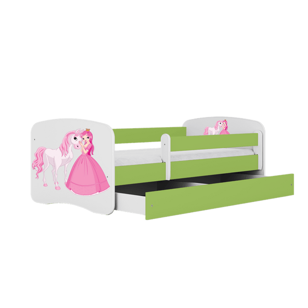 Kocot Kids Pat din pal, cu 1 sertar, pentru copii, Princess With Horse IV Verde / Alb