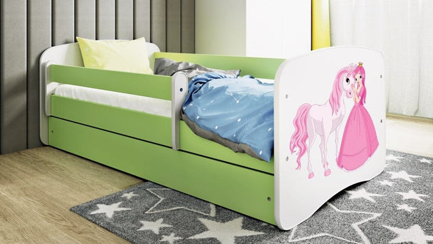 Kocot Kids Pat din pal, cu 1 sertar, pentru copii, Princess With Horse IV Verde / Alb