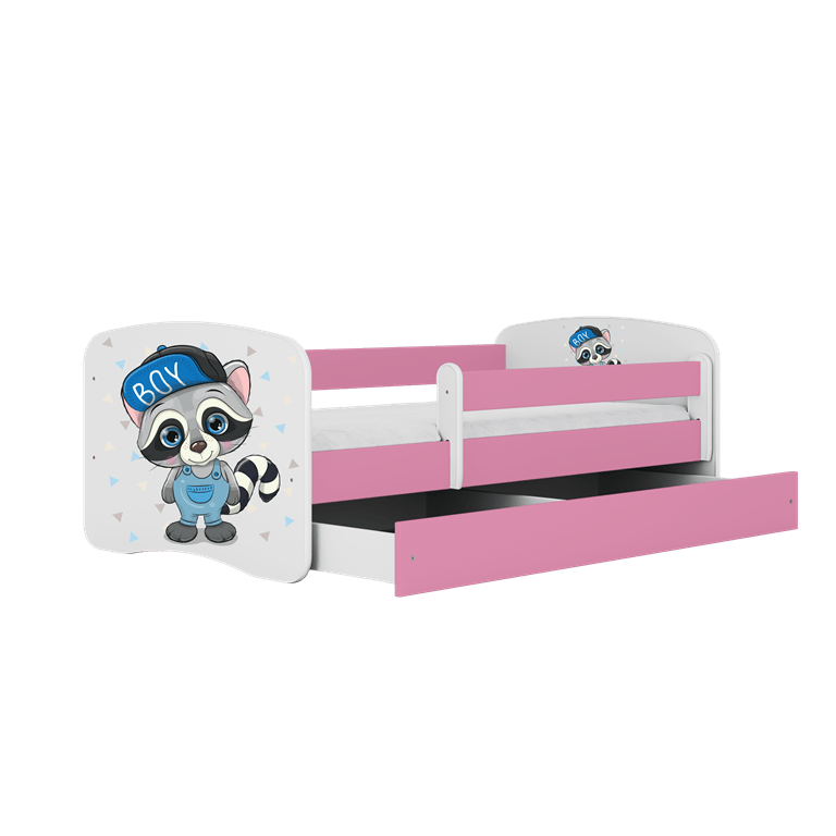 Kocot Kids Pat din pal, cu 1 sertar, pentru copii, Raccoon IV Roz / Alb