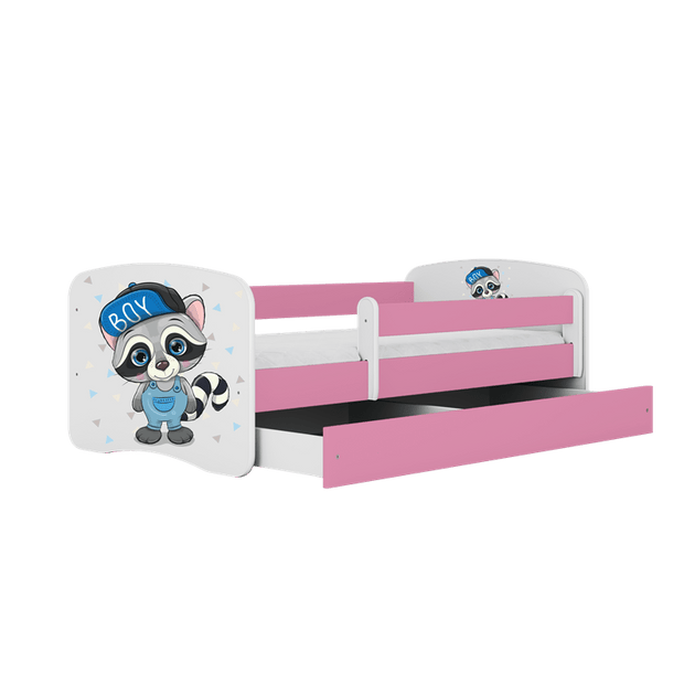Kocot Kids Pat din pal, cu 1 sertar, pentru copii, Raccoon IV Roz / Alb