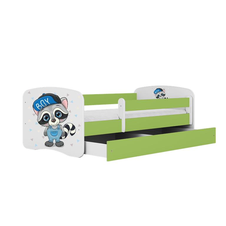 Kocot Kids Pat din pal, cu 1 sertar, pentru copii, Raccoon IV Verde / Alb