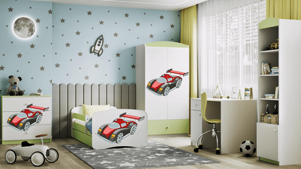 Kocot Kids Pat din pal, cu 1 sertar, pentru copii, Racing Car III Verde / Alb