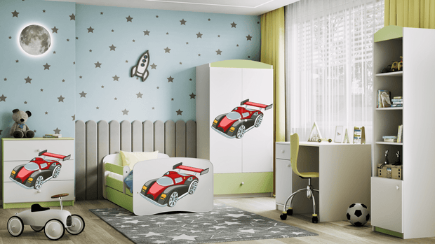 Kocot Kids Pat din pal, cu 1 sertar, pentru copii, Racing Car III Verde / Alb