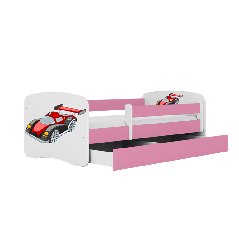 Kocot Kids Pat din pal, cu 1 sertar, pentru copii, Racing Car IV Roz / Alb