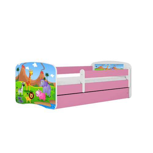 Kocot Kids 140 x 70 cm Pat din pal, cu 1 sertar, pentru copii, Safari IV Roz / Alb