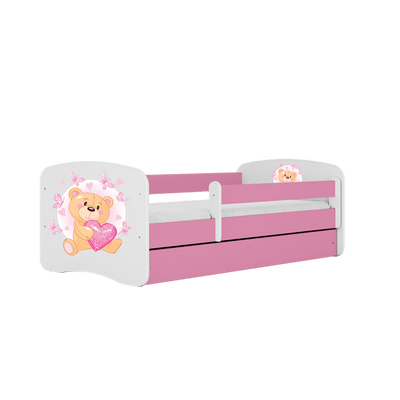 Kocot Kids 140 x 70 cm Pat din pal, cu 1 sertar, pentru copii, Teddybear Butterflies III Roz / Alb