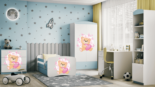 Kocot Kids Pat din pal, cu 1 sertar, pentru copii, Teddybear Butterflies IV Albastru / Alb