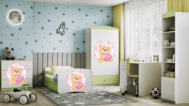 Kocot Kids Pat din pal, cu 1 sertar, pentru copii, Teddybear Butterflies IV Verde / Alb