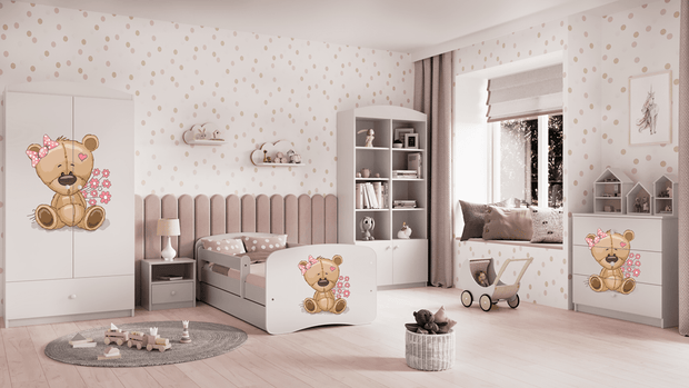 Kocot Kids Pat din pal, cu 1 sertar, pentru copii, Teddybear Flowers III Alb