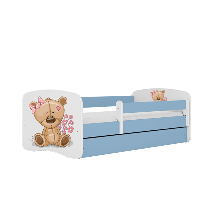 Kocot Kids 140 x 70 cm Pat din pal, cu 1 sertar, pentru copii, Teddybear Flowers III Albastru / Alb