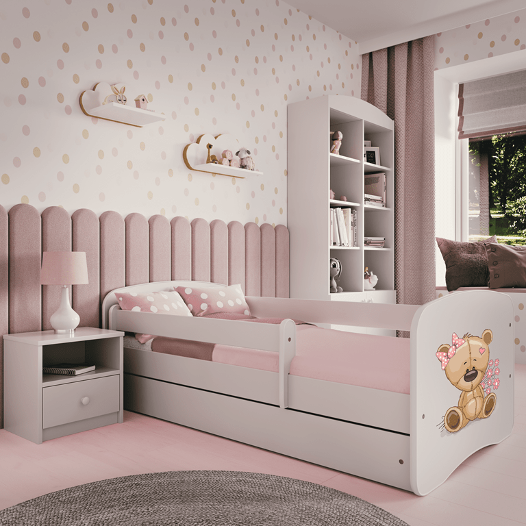 Kocot Kids Pat din pal, cu 1 sertar, pentru copii, Teddybear Flowers IV Alb