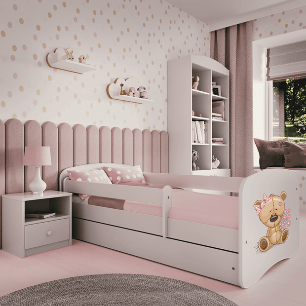 Kocot Kids Pat din pal, cu 1 sertar, pentru copii, Teddybear Flowers IV Alb