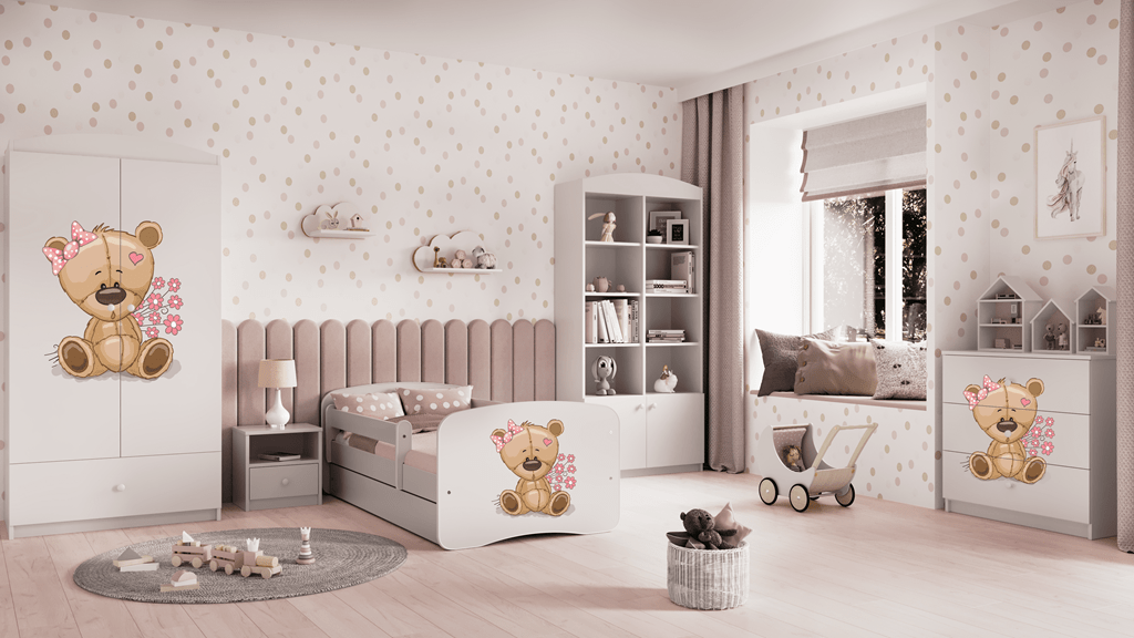 Kocot Kids Pat din pal, cu 1 sertar, pentru copii, Teddybear Flowers IV Alb