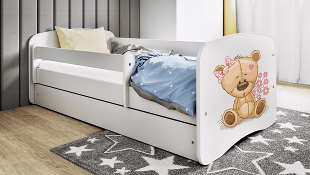 Kocot Kids 160 x 80 cm Pat din pal, cu 1 sertar, pentru copii, Teddybear Flowers IV Alb