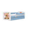 Kocot Kids 140 x 70 cm Pat din pal, cu 1 sertar, pentru copii, Teddybear Flowers IV Albastru / Alb