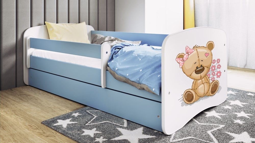 Kocot Kids Pat din pal, cu 1 sertar, pentru copii, Teddybear Flowers IV Albastru / Alb