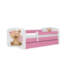 Kocot Kids 140 x 70 cm Pat din pal, cu 1 sertar, pentru copii, Teddybear Flowers IV Roz / Alb