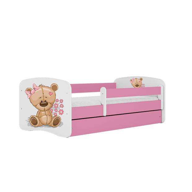 Kocot Kids 140 x 70 cm Pat din pal, cu 1 sertar, pentru copii, Teddybear Flowers IV Roz / Alb