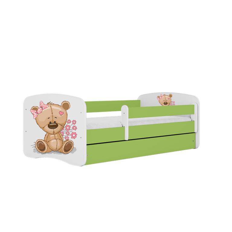 Kocot Kids 140 x 70 cm Pat din pal, cu 1 sertar, pentru copii, Teddybear Flowers IV Verde / Alb