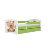 Kocot Kids 140 x 70 cm Pat din pal, cu 1 sertar, pentru copii, Teddybear Flowers IV Verde / Alb