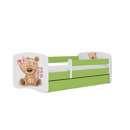 Kocot Kids 140 x 70 cm Pat din pal, cu 1 sertar, pentru copii, Teddybear Flowers IV Verde / Alb