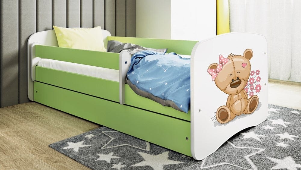 Kocot Kids Pat din pal, cu 1 sertar, pentru copii, Teddybear Flowers IV Verde / Alb