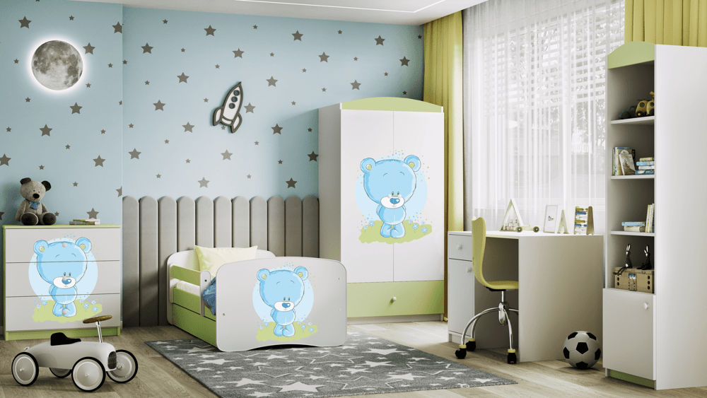 Kocot Kids Pat din pal, cu 1 sertar, pentru copii, Teddybear III Verde / Alb