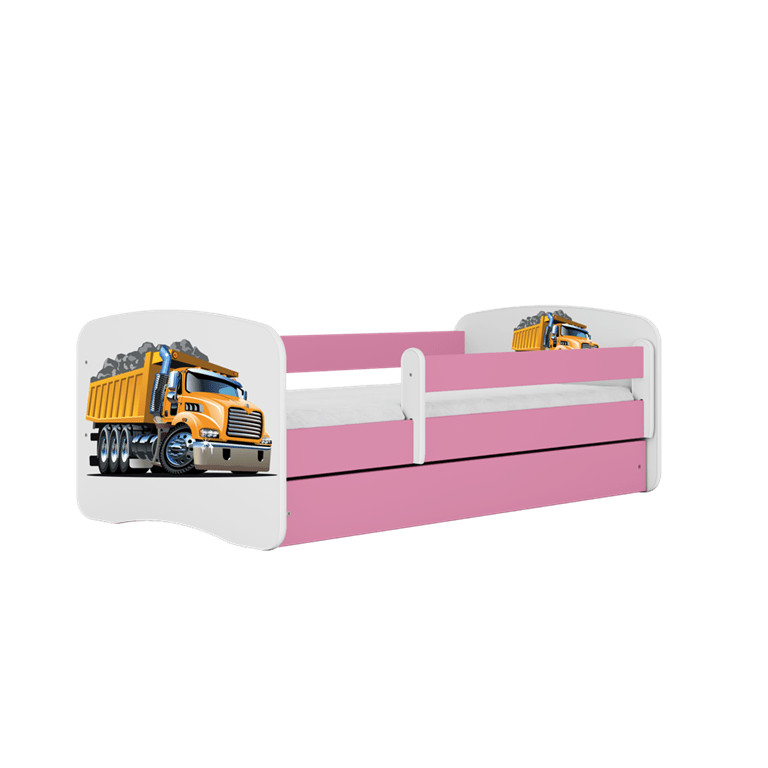 Kocot Kids 140 x 70 cm Pat din pal, cu 1 sertar, pentru copii, Truck IV Roz / Alb