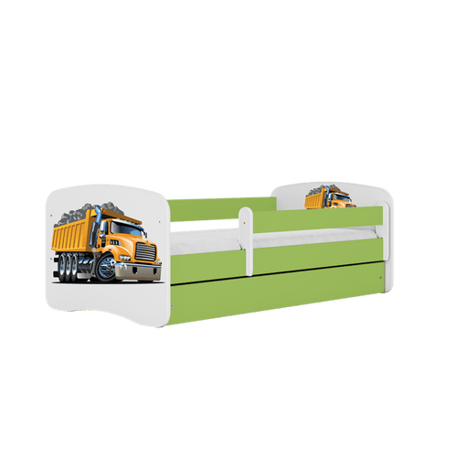 Kocot Kids 140 x 70 cm Pat din pal, cu 1 sertar, pentru copii, Truck IV Verde / Alb