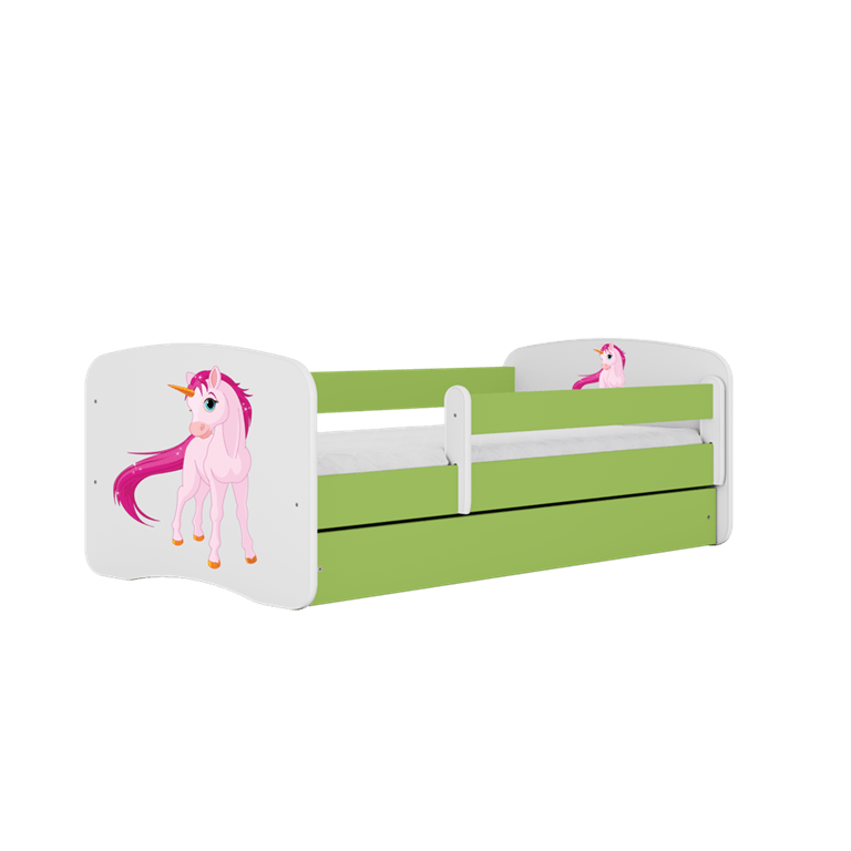 Kocot Kids 140 x 70 cm Pat din pal, cu 1 sertar, pentru copii, Unicorn IV Verde / Alb