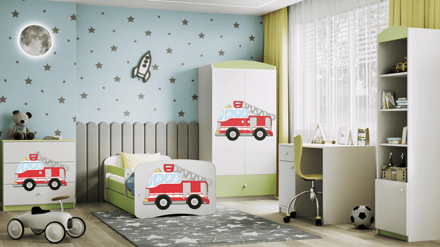 Kocot Kids Pat din pal pentru copii, Fire Brigade I Verde / Alb