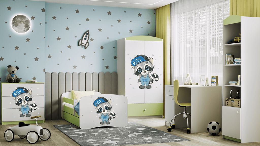 Kocot Kids Pat din pal pentru copii, Raccoon II Verde / Alb