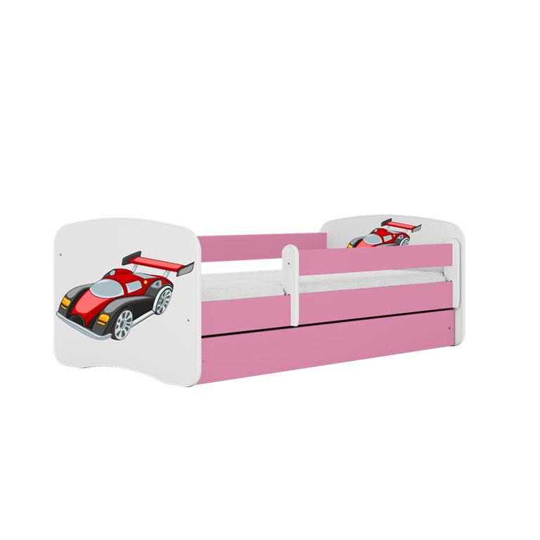 Kocot Kids 140 x 70 cm Pat din pal pentru copii, Racing Car II Roz / Alb