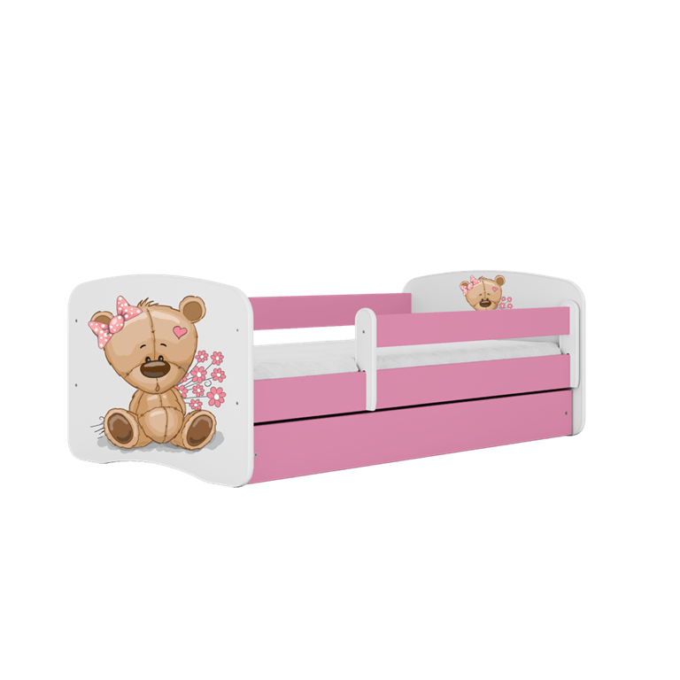 Kocot Kids 140 x 70 cm Pat din pal pentru copii, Teddybear Flowers I Roz / Alb