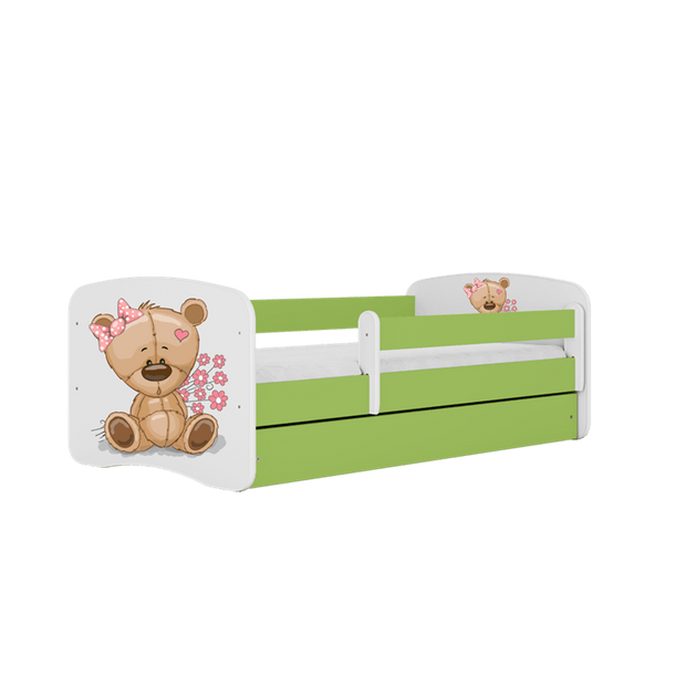 Kocot Kids 140 x 70 cm Pat din pal pentru copii, Teddybear Flowers I Verde / Alb