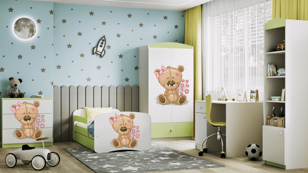 Kocot Kids Pat din pal pentru copii, Teddybear Flowers I Verde / Alb