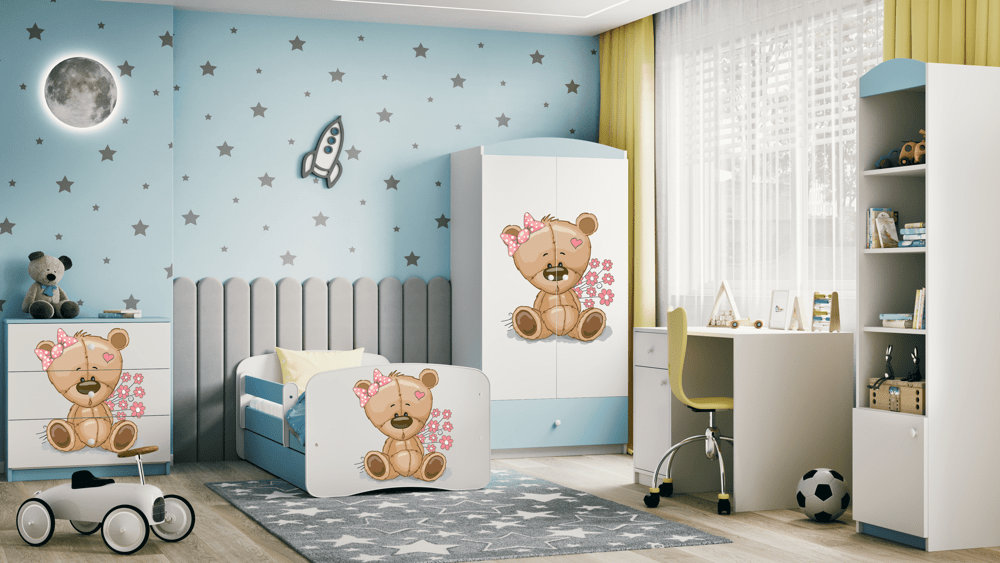 Kocot Kids Pat din pal pentru copii, Teddybear Flowers II Albastru / Alb