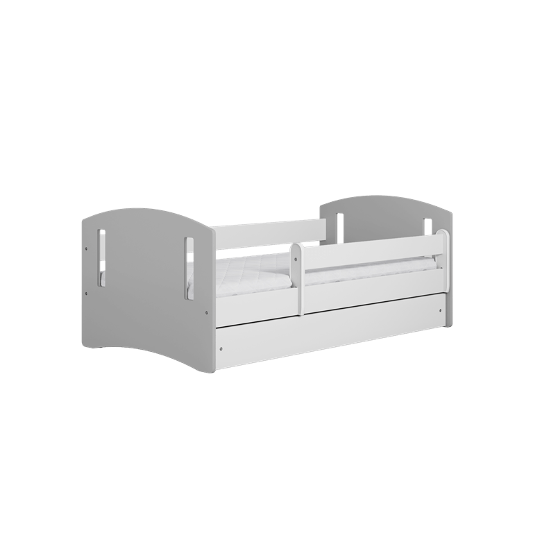 Kocot Kids 140 x 80 cm Pat din pal si MDF, cu 1 sertar, pentru copii, Classic Mix IV Gri / Alb